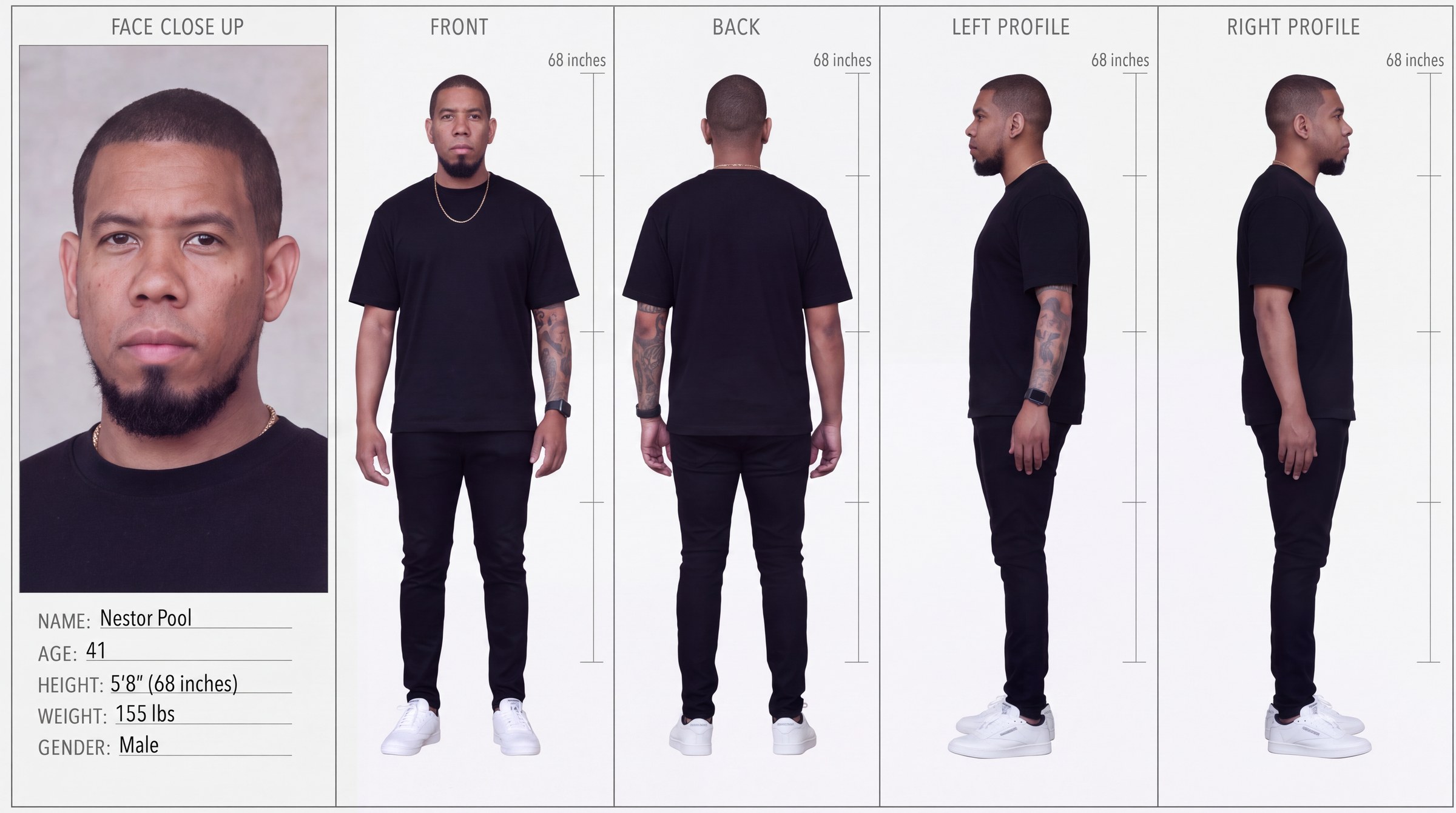 My character sheet: one identity, five views, real height on the rulers