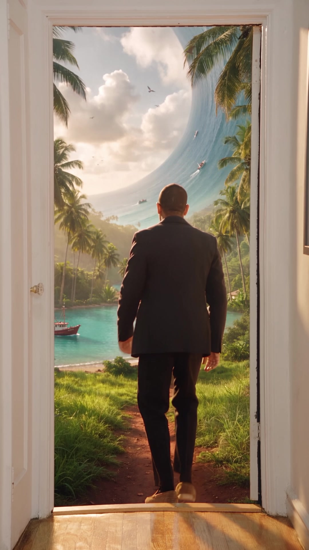 The moment the door opens: my real hallway, the AI world through the doorway