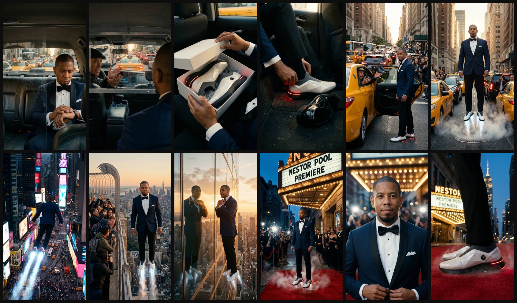 My 12 frames: same face, same tux, same shoes in every shot.