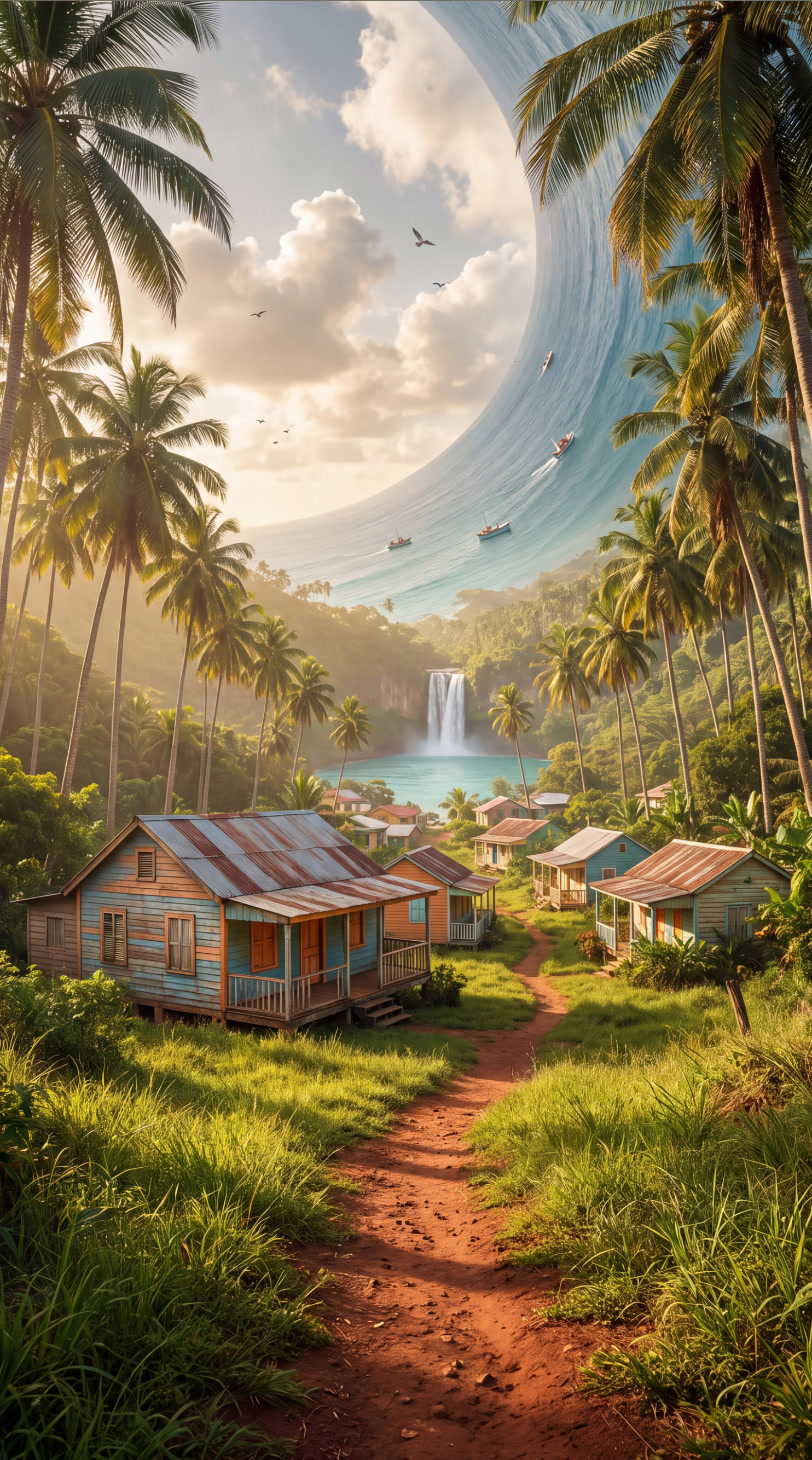 My world image: real-scale path and houses up close, the ocean folding into the sky far away